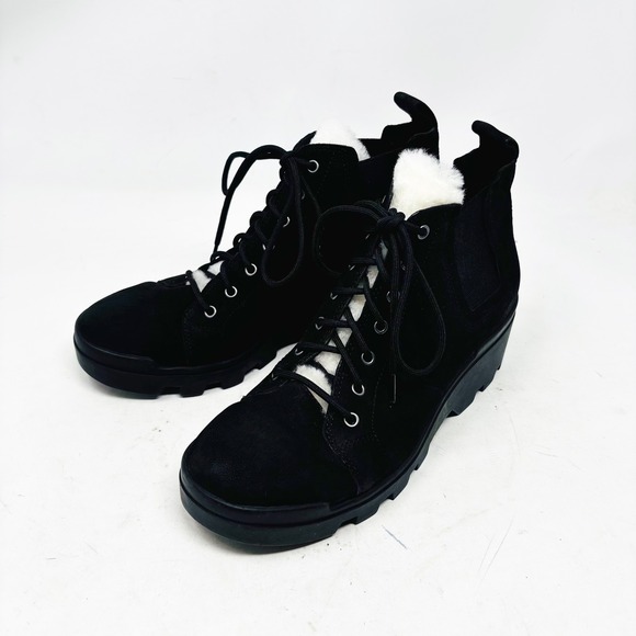 Eileen Fisher Shoes - Eileen Fisher Black Suede Lamb Sherpa Fur Lace Up Boots Womens Size 7‎
